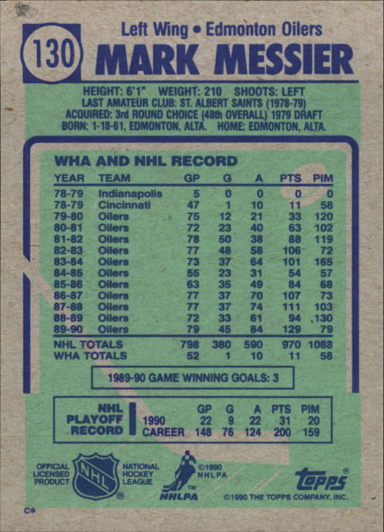 1990-91 Topps #130 Mark Messier UER/(Shown as LW,/should be C) back image