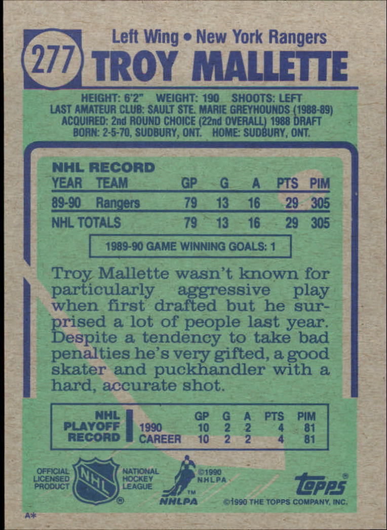1990-91 Topps #277 Troy Mallette RC back image