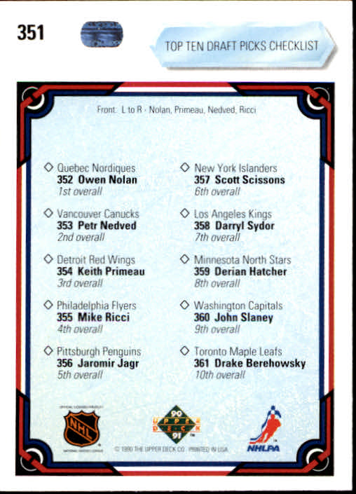 1990-91 Upper Deck #351 Draft Picks CL/Owen Nolan/Keith Primeau/Petr Nedved/Mike Ricci back image