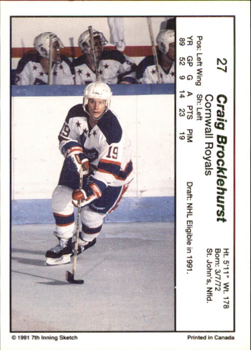 1990-91 7th Inning Sketch OHL #27 Craig Brocklehurst back image