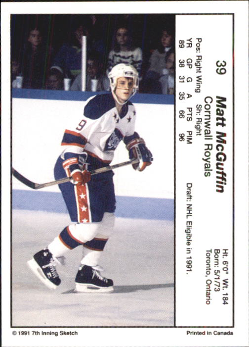 1990-91 7th Inning Sketch OHL #39 Matt McGuffin back image