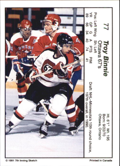 1990-91 7th Inning Sketch OHL #77 Troy Binnie back image