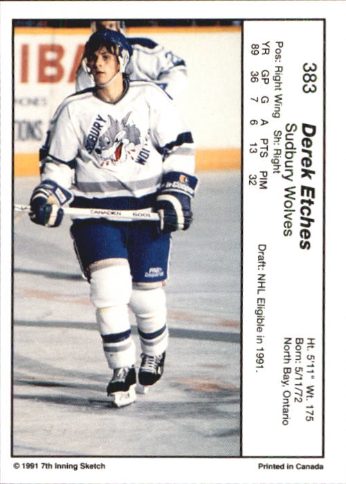 1990-91 7th Inning Sketch OHL #383 Derek Etches back image