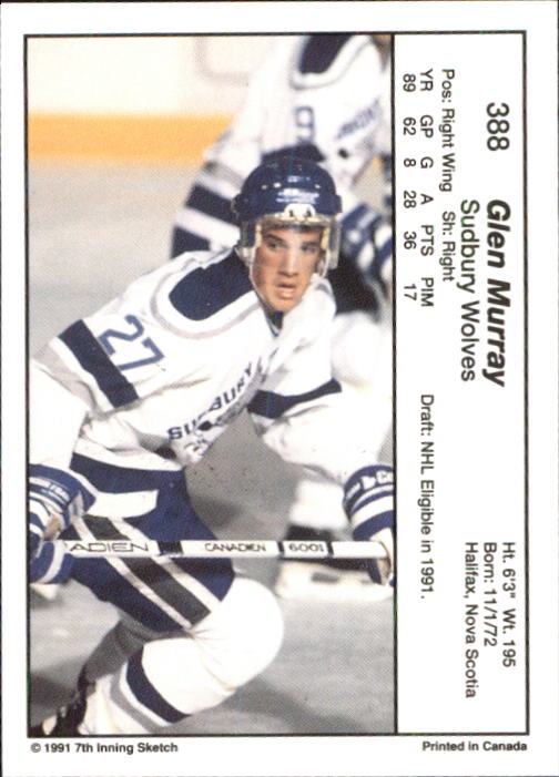 1990-91 7th Inning Sketch OHL #388 Glen Murray back image