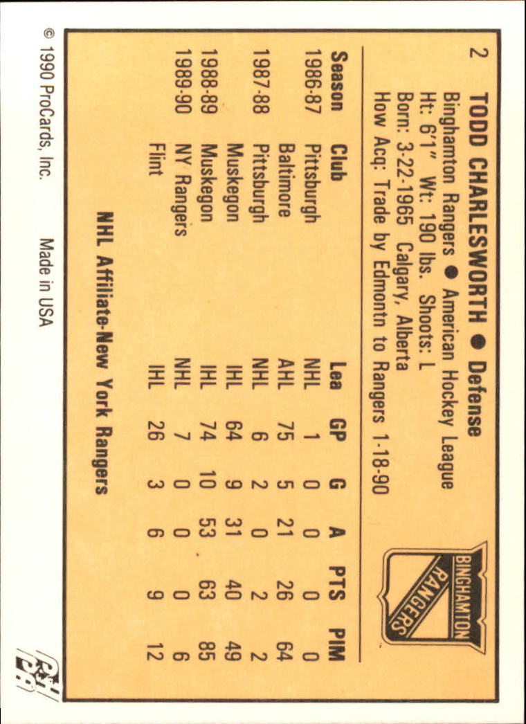 1990-91 ProCards AHL/IHL #2 Todd Charlesworth back image