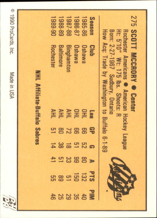 1990-91 ProCards AHL/IHL #275 Scott McCrory back image