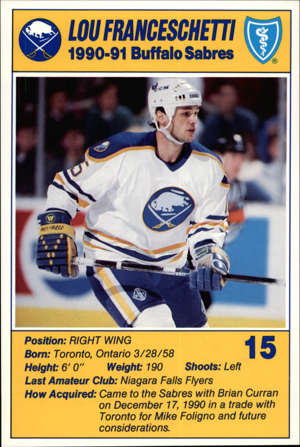 1990-91 Sabres Blue Shield #6 Lou Franceschetti 15