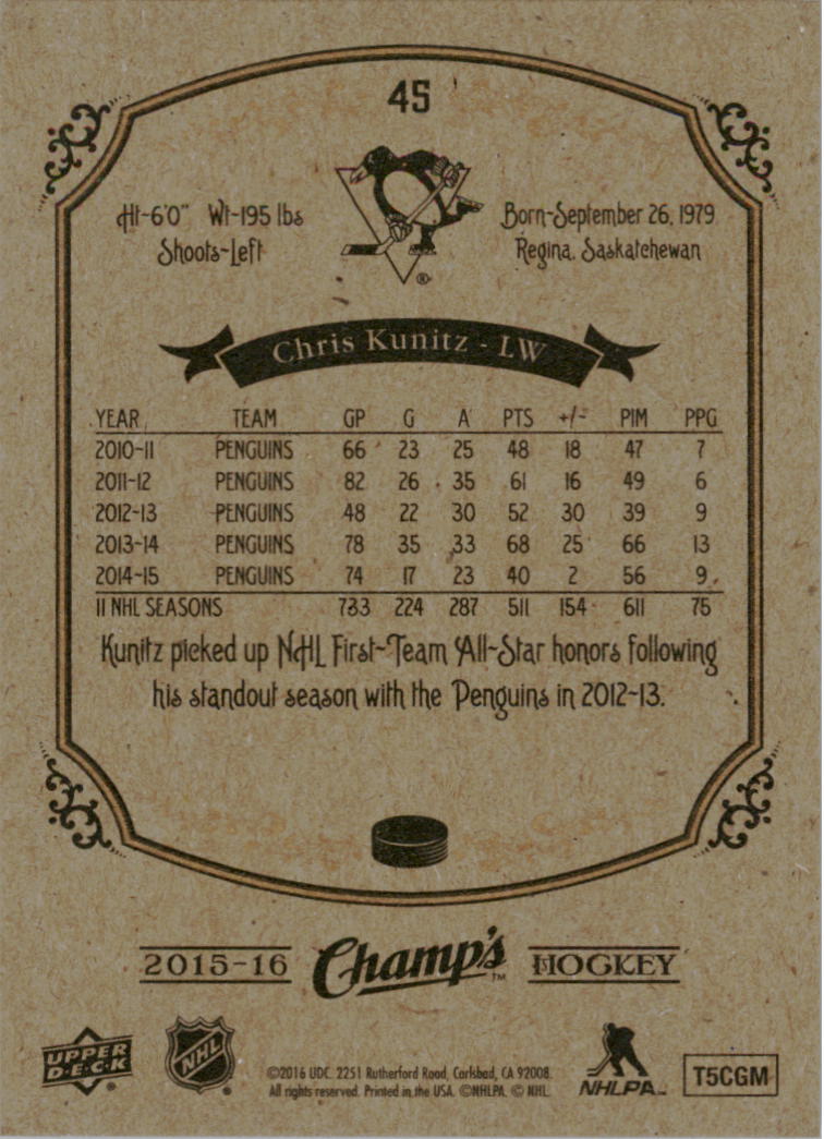 2015-16 Upper Deck Champ's #45 Chris Kunitz back image