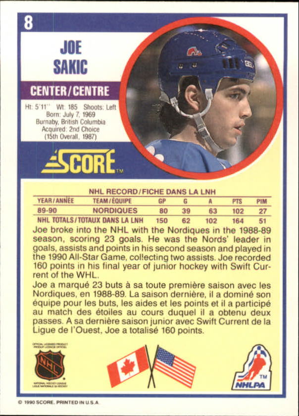 1990-91 Score Canadian #8 Joe Sakic back image