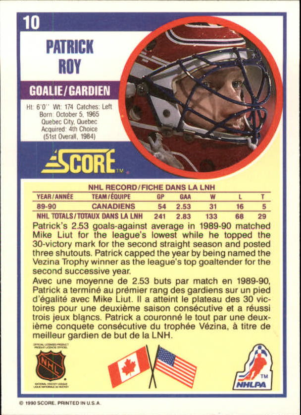 1990-91 Score Canadian #10 Patrick Roy back image