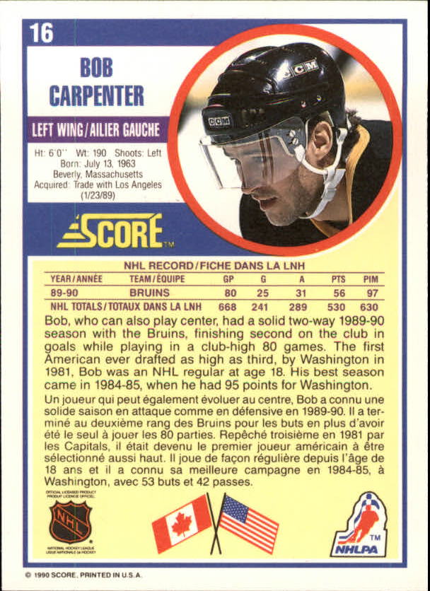 1990-91 Score Canadian #16 Bob Carpenter back image