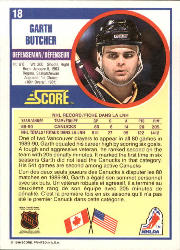 1990-91 Score Canadian #18 Garth Butcher back image