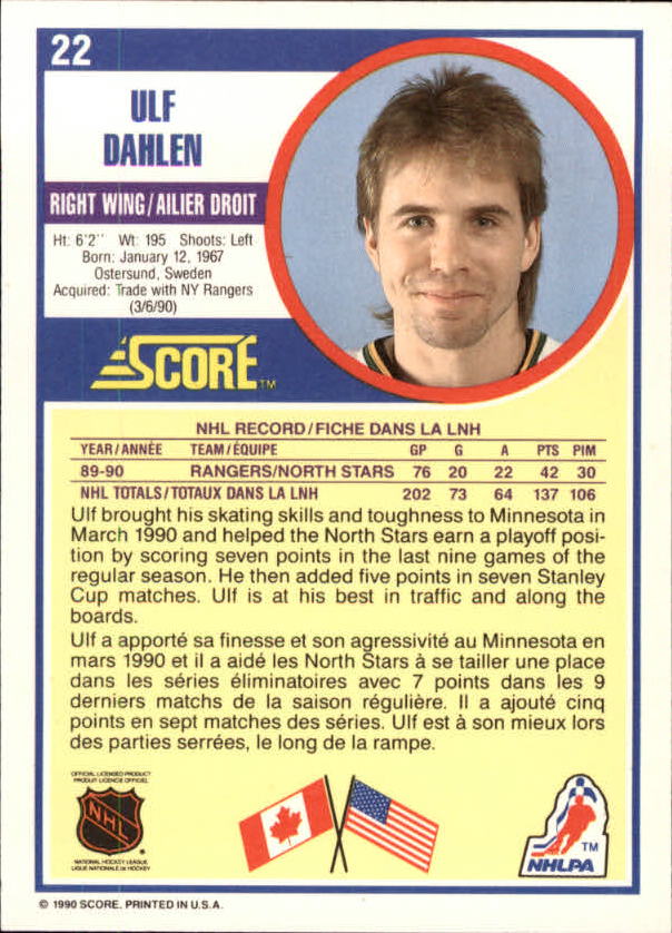 1990-91 Score Canadian #22 Ulf Dahlen back image