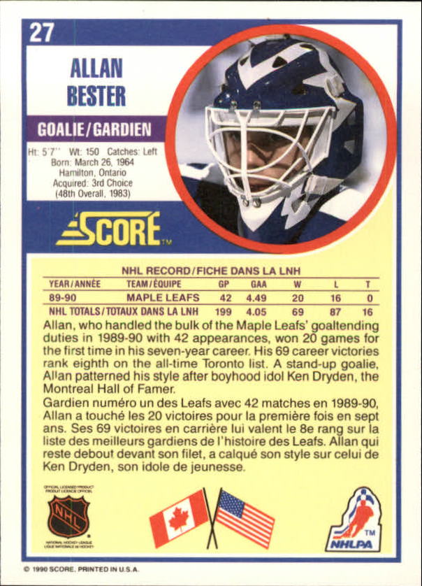 1990-91 Score Canadian #27 Allan Bester back image