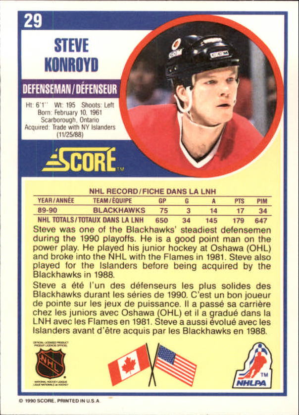 1990-91 Score Canadian #29 Steve Konroyd back image