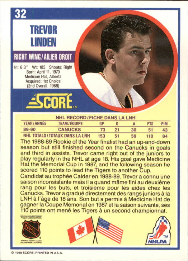 1990-91 Score Canadian #32 Trevor Linden back image