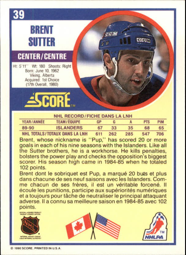 1990-91 Score Canadian #39 Brent Sutter back image