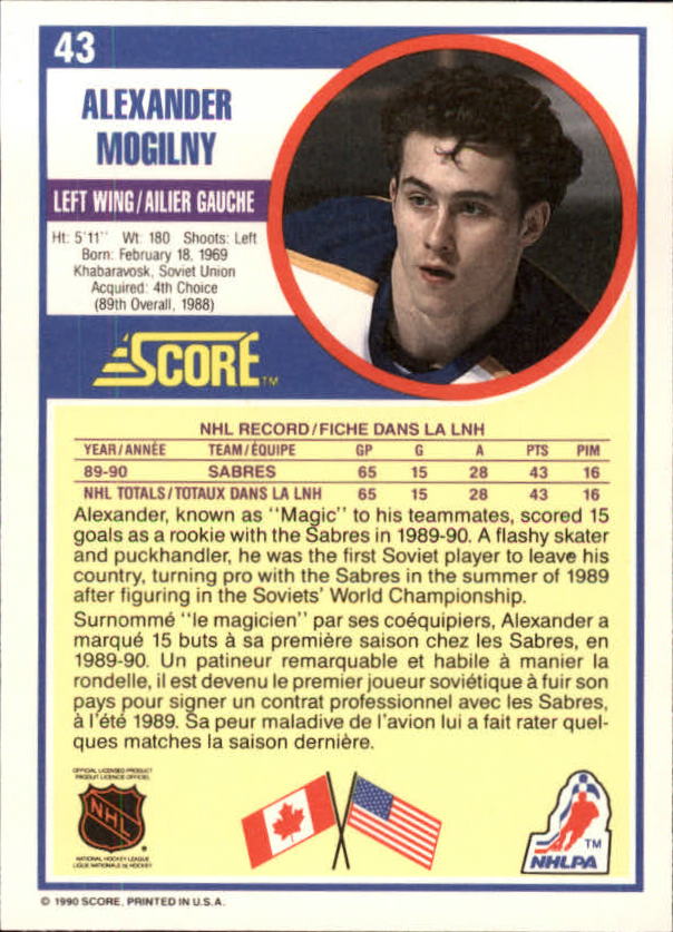 1990-91 Score Canadian #43 Alexander Mogilny RC back image