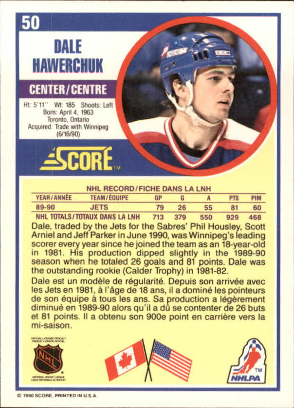 1990-91 Score Canadian #50 Dale Hawerchuk back image