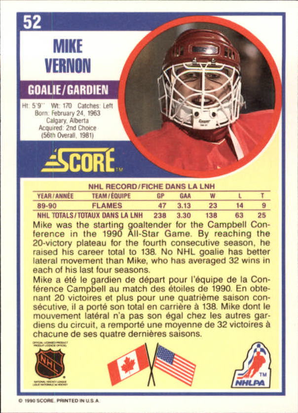 1990-91 Score Canadian #52 Mike Vernon UER/(Text says won WHL MVP/twice, should be once) back image