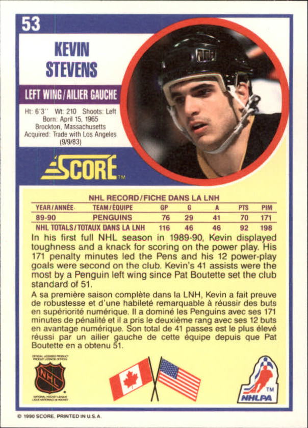 1990-91 Score Canadian #53 Kevin Stevens RC back image