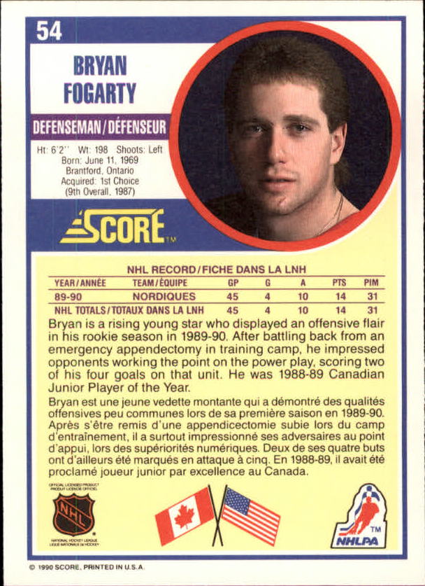 1990-91 Score Canadian #54 Bryan Fogarty RC back image