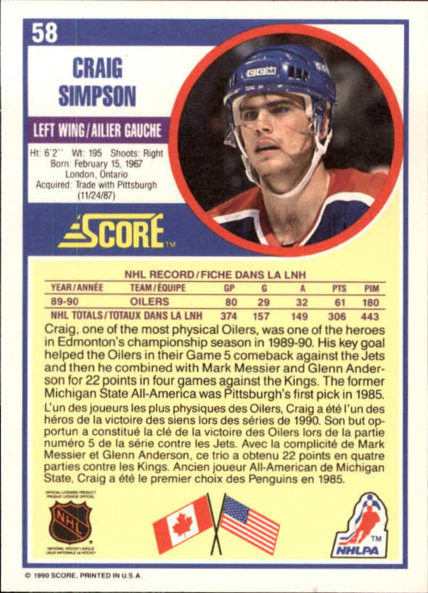 1990-91 Score Canadian #58 Craig Simpson back image