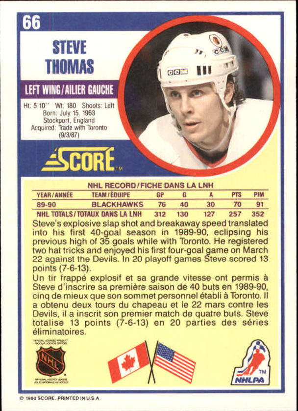 1990-91 Score Canadian #66 Steve Thomas back image