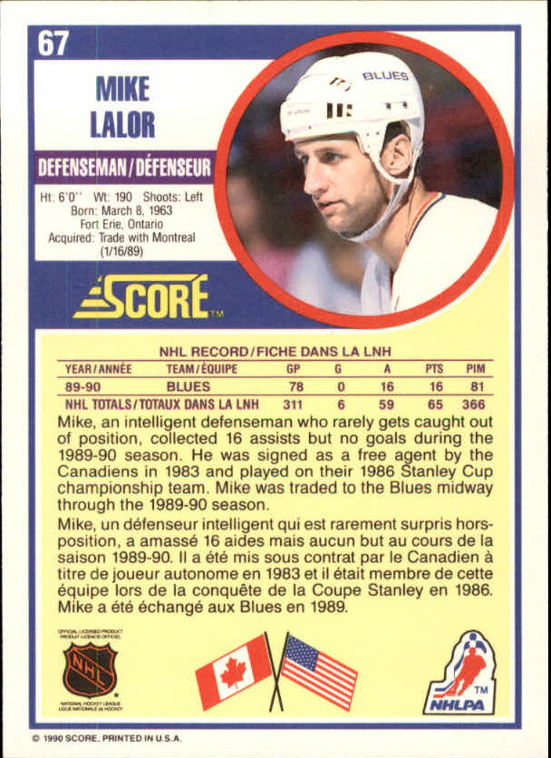 1990-91 Score Canadian #67 Mike Lalor RC back image