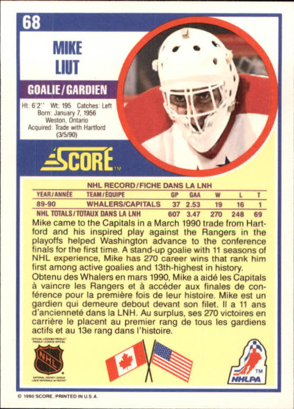1990-91 Score Canadian #68 Mike Liut back image