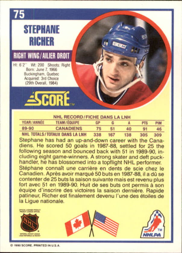 1990-91 Score Canadian #75 Stephane Richer back image