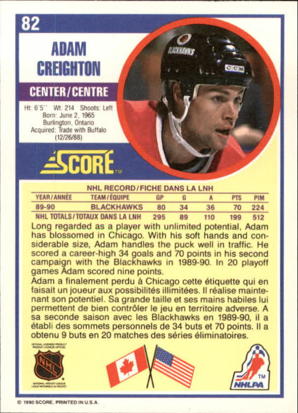 1990-91 Score Canadian #82 Adam Creighton back image