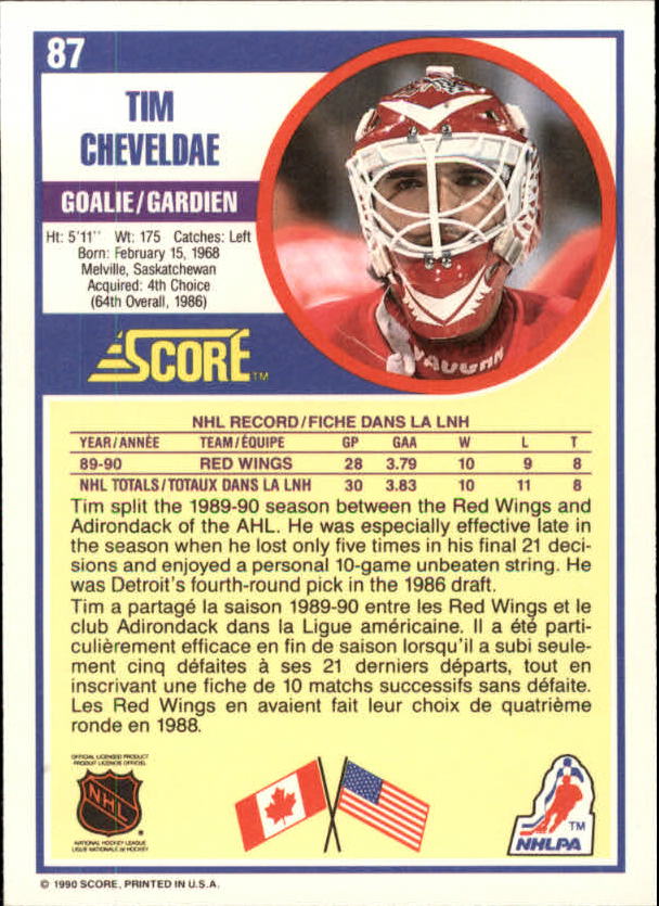 1990-91 Score Canadian #87 Tim Cheveldae RC back image