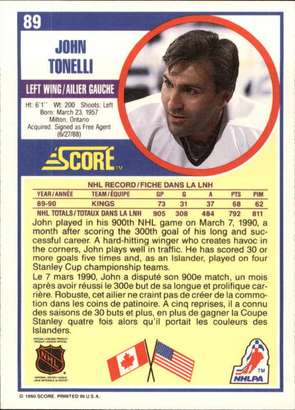 1990-91 Score Canadian #89 John Tonelli back image
