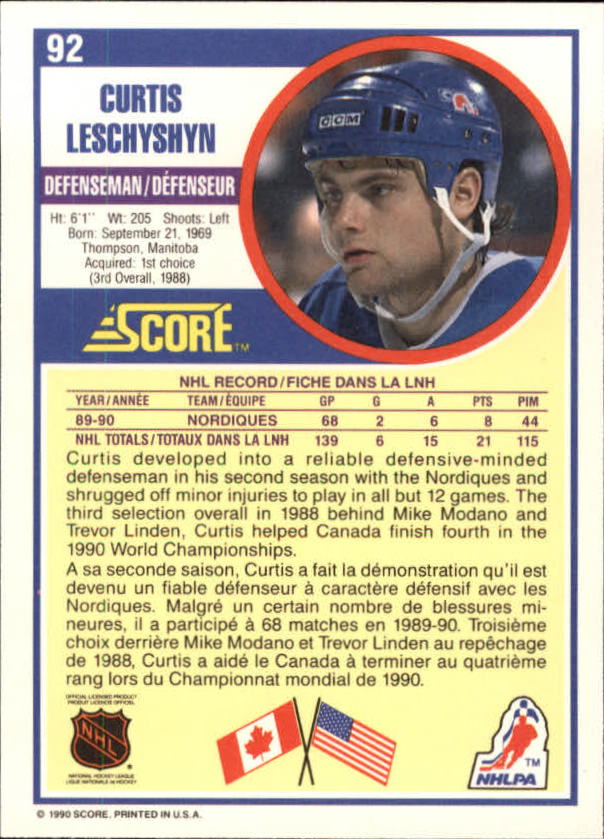 1990-91 Score Canadian #92 Curtis Leschyshyn RC back image