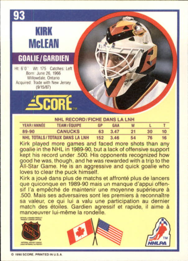 1990-91 Score Canadian #93 Kirk McLean back image