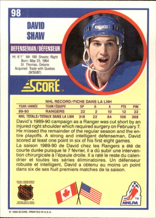1990-91 Score Canadian #98 David Shaw back image