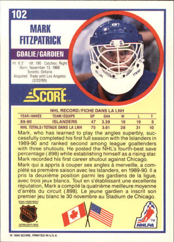 1990-91 Score Canadian #102A Mark Fitzpatrick ERR RC/(reads catches: right on back) back image
