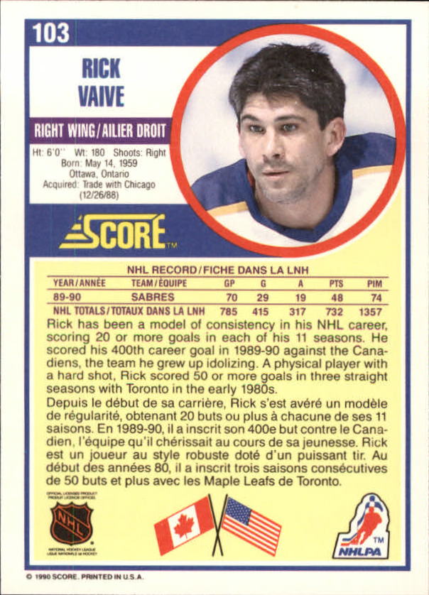 1990-91 Score Canadian #103 Rick Vaive back image