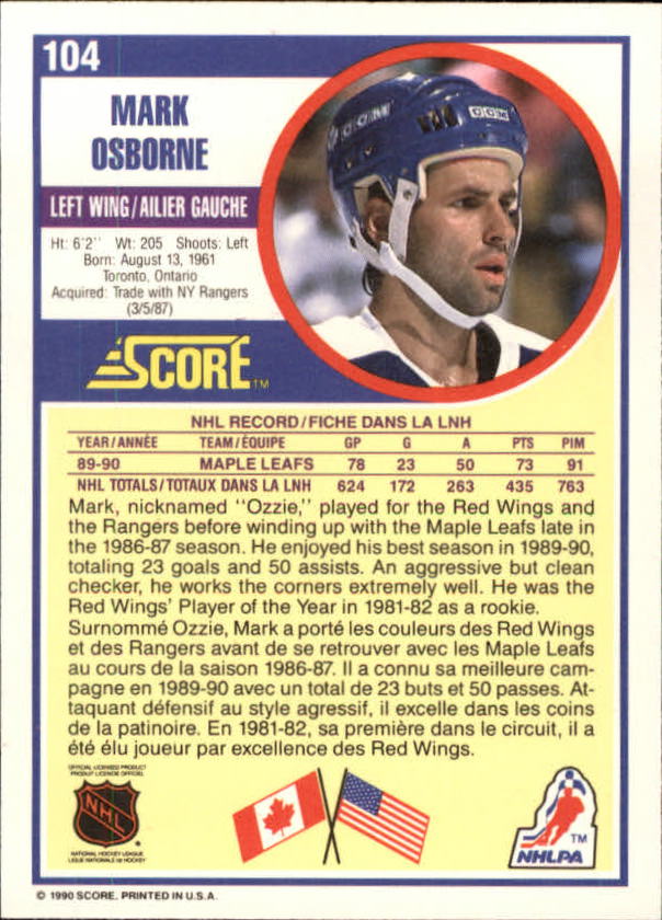 1990-91 Score Canadian #104 Mark Osborne back image