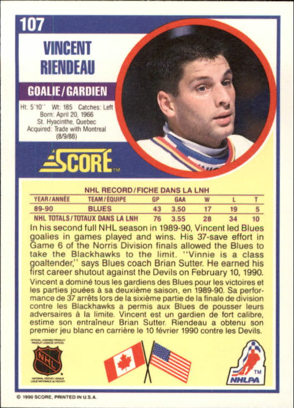 1990-91 Score Canadian #107 Vincent Riendeau RC back image