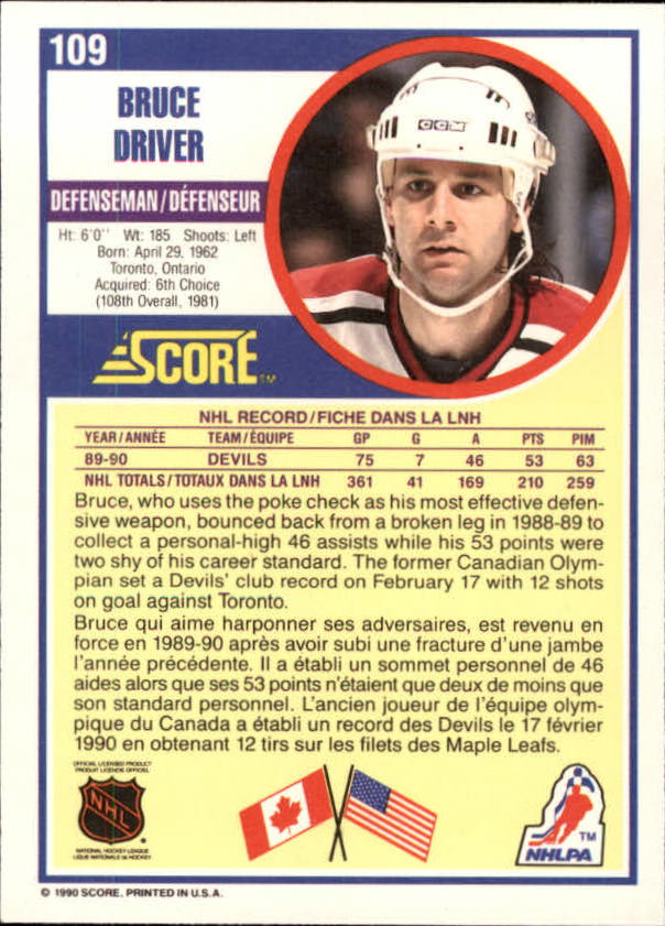 1990-91 Score Canadian #109 Bruce Driver back image