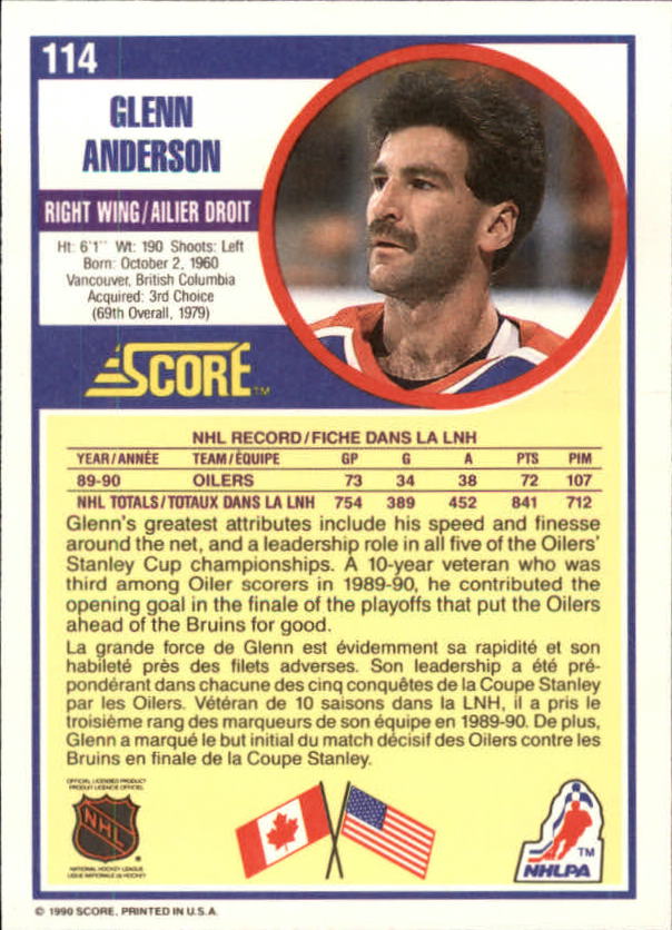 1990-91 Score Canadian #114 Glenn Anderson back image