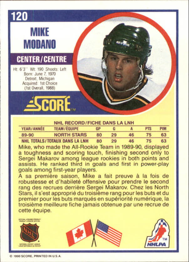1990-91 Score Canadian #120 Mike Modano RC back image