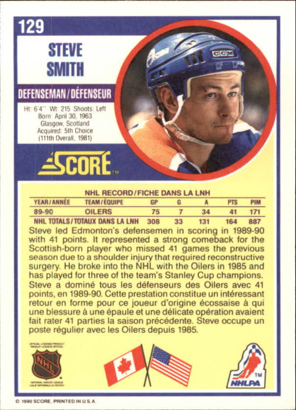 1990-91 Score Canadian #129 Steve Smith back image