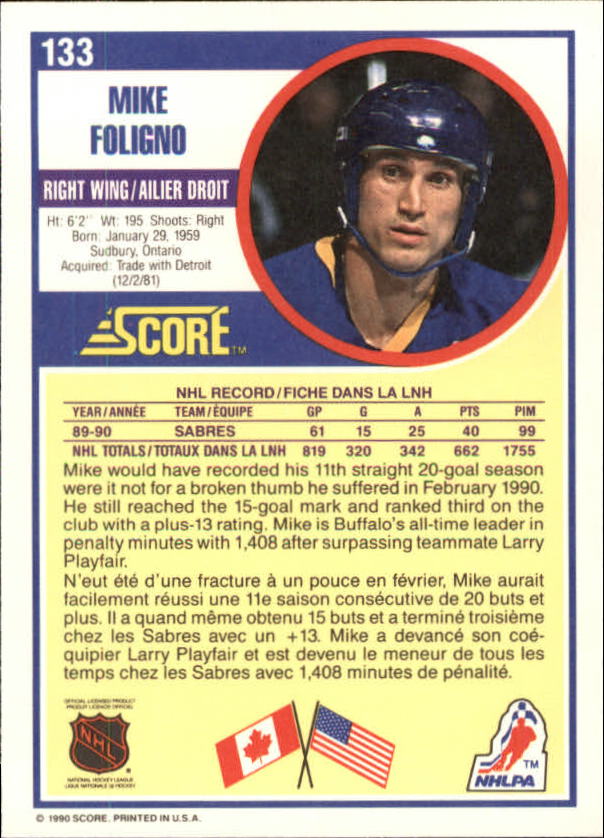 1990-91 Score Canadian #133 Mike Foligno back image