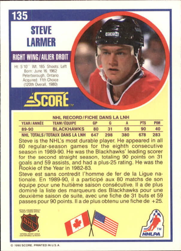1990-91 Score Canadian #135 Steve Larmer back image