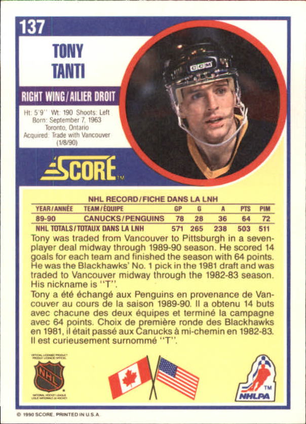 1990-91 Score Canadian #137 Tony Tanti back image