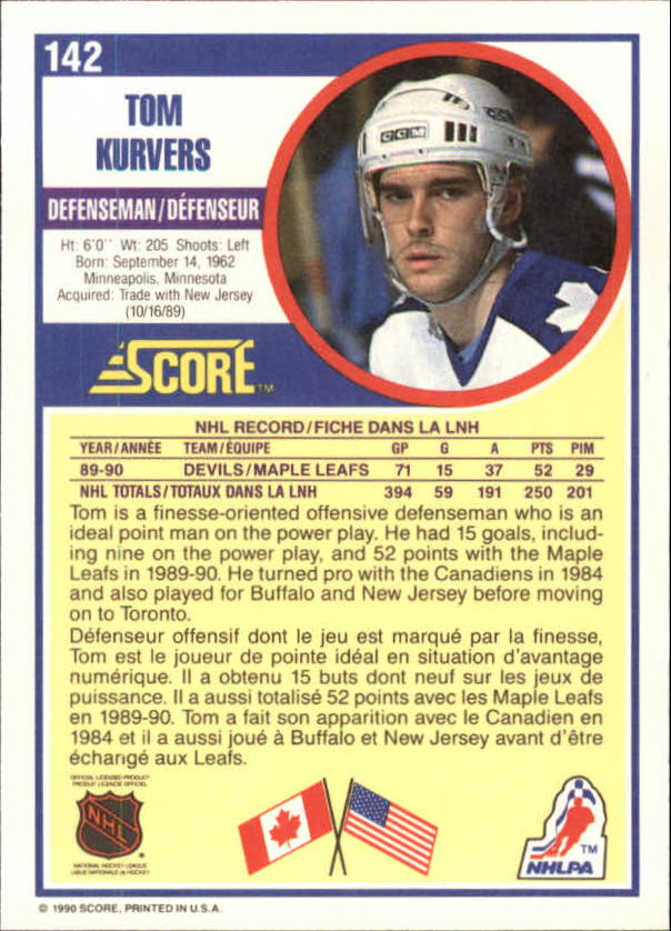 1990-91 Score Canadian #142 Tom Kurvers back image
