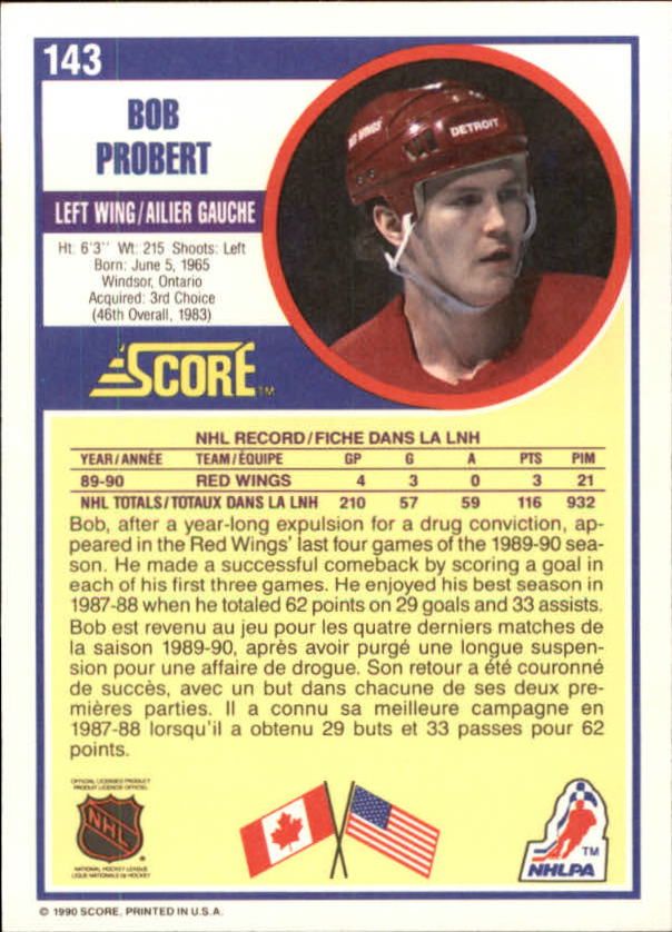 1990-91 Score Canadian #143 Bob Probert back image